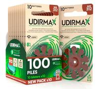 100 Piles Auditives Taille 312 Udirmax PR41 Marron Zinc-Air avec Technologie Dynamic Sonar Eco Pack - 10 Blisters Écologiques de 10 Piles