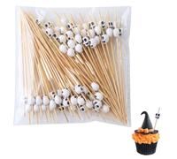 100 Piques Halloween Essen Zahnstocher - Pic à Brochette en ure Dent Bois avec Tête de Mort Blanche, Cure-Dent pour Cuisine, Cocktail, Buffet, Finger Food, Décoration de Table de Fête, 12cm