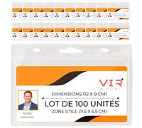 100 Porte Badge Souple Transparent Horizontal 12x9cm - Intérieur 11,5x6,5cm | Réutilisable avec ouverture supérieure sans fermeture. Thermosoudure sur les deux côtés et le fond. 3 œillets renforcés