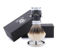 100% Pure Blaireau de Rasage avec Noir & Poignée en Métal et Brosse Pied/Support. Parfait Raser pour Tous les Types de Peau C