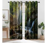 100% Rideau Occultant À Œillets Thermique Isolant Opaque pour Chambre Salon Fenêtre Campagne Rurale Nature Forêt Et Cascade Vert Rideau Anti-Bruit Économie D’Énergie 140L X 145H Cm (2 Panneaux)