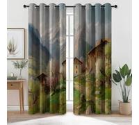 100% Rideau Occultant À Œillets Thermique Isolant Opaque pour Chambre Salon Fenêtre Campagne Rurale Paysages Montagnes Maisons Vert Rideau Anti-Bruit Économie D’Énergie 140L X 145H Cm (2 Panneaux)