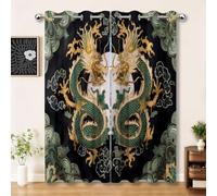 100% Rideau Occultant Thermique Nuages de Bon augure à Double Dragon de Style Isolant Anti Chaleur 75L X 166H cm (2 Panneaux) Opaques à Oeillets, Intérieurs Decoration Dressing Salon Chambre Vert