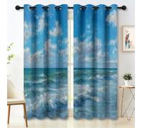 100% Rideau Occultant Thermique Paysage Marin : Vagues et Nuages à l'horizon Isolant Anti Chaleur 110L X 215H cm (2 Panneaux) Opaques à Oeillets, Intérieurs Decoration Dressing locatairesBleu