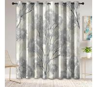 100% Rideaux Occultant, Blanc Gris Isolation Thermiques Rideau, Plante Forêt De Feuillus Tronc Feuille Doux Rideaux à œillets, Nature Scandinave Rideau pour Chambre Salon, 140 x 260 cm Lot de 2