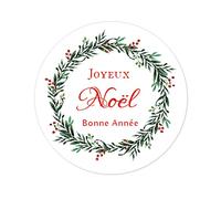 100 Rouge Joyeux Noël et Bonne Année Autocollant, motif de couronne de fleurs et de baies Étiquettes,40mm Joyeuses Fêtes Stickers pour l'emballage cadeau -UNI 406 (002)