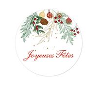 100 Rouge Joyeux Noël et Bonne Année Autocollant, motif de couronne de fleurs et de baies Étiquettes,40mm Joyeuses Fêtes Stickers pour l'emballage cadeau -UNI 406 (004 Décorations de Noë)
