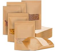100 Sachet Kraft Alimentaire, Sachets en Papier kraft Réutilisables et Hermétiques Avec Fermeture Zip et Fenêtre Transparente, Brun Sachet Papier pour le Stockage des Aliments 9x14cm