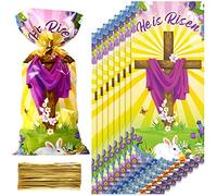100 Sachets de Friandises de Pâques en Plastique, Signe Inspirant He is Risen Sachets de Bonbons Biscuit Transparents en Cellophane avec 100 Cravates Torsadées Dorées pour Fête Biblique de Pâques