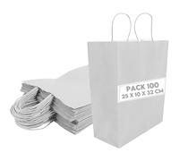 100 Sacs Cadeaux en Papier Kraft Argent 25x10x32cm - Sac Cadeau Anniversaire - Sac Cadeau avec Poignées Torsadées, Idéal pour Emballage Cadeaux, Célébrations, Noël, Mariage, Fête