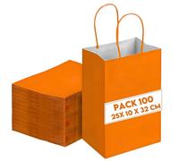 100 Sacs Cadeaux en Papier Kraft Orange 25x10x32 cm - Sac Cadeau Anniversaire - Sac Cadeau avec Poignées Torsadées, Idéal pour Emballage Cadeaux, Célébrations, Noël, Mariage, Fête