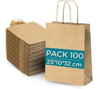 100 Sacs en Papier Kraft Marron avec Anses 25x10x32cm- Sac Shopping, Cadeaux, Mariages