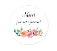 100 STICKERS 'Merci pour votre présence!' Autocollants Merci Mariage fleurs délicates 40MM ROND étiquettes labels pour faveurs de Mariage/Baptême/Communion/fête/cartes/dragees -UNI 324 (004)