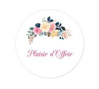 100 STICKERS 'Plaisir d'Offrir' Autocollants cadeaux fleurs colorées Mariage étiquettes 40MM ROND labels pour faveurs de Mariage/Baptême/Noë/fête/cartes/dragees - UNI 323 (005)