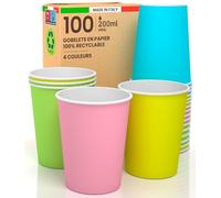 100 Verres en Papier 200ml, Biodégradables, Écologique et Jetables, Carton de Qualité, Boissons Froides, Chaudes, Café - 4 Couleurs
