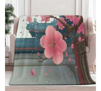 100 x 130 cm Plaid Couverture Polaire Architecture Chinoise Fleurs De Pêcher, Douce Moelleuse Flanelle Lit Jeté Canapé Convient Adultes et Enfants Rester Chaud Hiver, Bleu