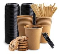 100 x gobelets jetables en carton ECO brun 240ml + couvercles + agitateurs/bâtonnets pour café ou boissons chaudes ou froides