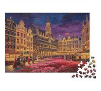 1000 Pcs Puzzle, Grand-Place de Bruxelles de Nuit avec Fleurs, Marché et | 38x26cm Détente Casse-tête Fait Main Décoration Salon Cadeau Anniversaire