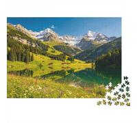 1000 Pcs Puzzle Lac Alpin en Reflet, Montagnes Enneigées Eau Claire Fleurs | 52x38cm Papier Décoration Salon Finition Lisse Cadeau Anniversaire Détente D'esprit