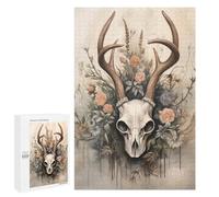 1000 PCS Puzzle pour Adolescents Deer Skull with Flowers Artwork Puzzles pour Adolescents, Jouets Anti-Stress, Passe-Temps, Défi Éducatif
