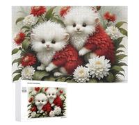1000 PCS Puzzle pour Adolescents Fluffy White Kittens with Red Flowers Puzzles pour Adolescents, Jouets Anti-Stress, Passe-Temps, Défi Éducatif
