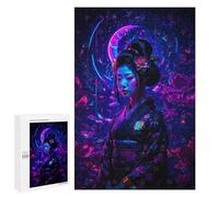 1000 PCS Puzzle pour Adolescents Neon Geisha with Floral Background Japan Puzzle Adulte, Jouet, Décoration Murale, Course De Vitesse Manuelle, Cadeaux Uniques pour Anniversaire Et Noël 1000 PCS