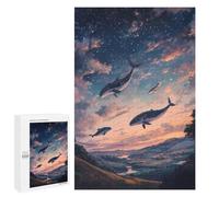 1000 PCS Puzzles pour Adolescents Magical Whales Flying Over Landscape at Sunset Puzzles pour Adultes Jeux Relaxants Assemblage De Motifs Interaction Parent-Enfant 1000 PCS