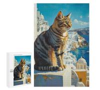1000 PCS Puzzles pour Adultes Cat Overlooking Santorini Puzzle pour Adultes - Jouets À Monter Soi-même - Découpe De Précision - Cadeaux Uniques pour Anniversaire Et Noël 1000 PCS