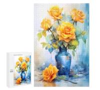 1000 PCS Puzzles Yellow Roses in Blue Vase Puzzles pour Adolescents Découpe De Précision Activités Amusantes À La Maison Jeu Stimulant Et Jeux en Famille 1000 PCS