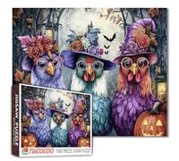 1000 pièces Coq Halloween Puzzle Vintage Costumes Violet, Bleu, Vert, Rose, Beatrix Potter, Aquarelle, Arches Gothiques, Toile d'araignée, Fleurs effrayantes, Décoration d'automne, 68,6 x 50,8 cm