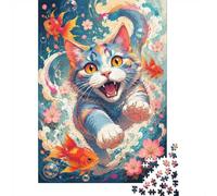 1000 Pièces Mini Puzzle Chat Poisson Rouge Fleurs pour Adultes