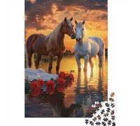 1000 Pièces Mini Puzzle Chevaux Coucher de Soleil Roses pour Adultes