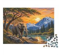 1000 Pièces Mini Puzzle Éléphant Montagne Coucher de Soleil pour Adultes | 38x26cm Carton, Décoration de la Maison, Surface Lisse, Cadeau Anniversaire, Détente de l'Esprit