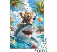 1000 Pièces Mini Puzzle pour Adultes Chat Requin Plage Idée Cadeau | 52x38cm Papier Amateurs De Puzzles Relaxation Puzzle Intellectuel Cadeau Ami Décor Maison