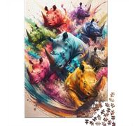 1000 Pièces Mini Puzzle pour Adultes Rhinocéros Éclaboussure Couleur Jeu | 52x38cm Carton Amateurs De Puzzles Détente Puzzle Fait Main Cadeau D'anniversaire Décor De Bureau