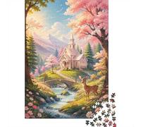 1000 Pièces Mini Puzzle pour Famille Église Cerf Ruisseau Défi | 52x38cm Papier Salon Décor Découpe Précise Cadeau Ami Détente