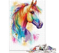 1000 pièces "Portrait de Cheval Coloré", Puzzle carré créatif pour adultes et puzzles en bois, jeu sophistiqué, 1000 pièces (75 x 50 cm)