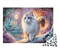 1000 pièces Puzzle Chat Poilu, Carton 100% recyclé, Chat Blanc aux Yeux Bleus, Adultes, Voyage activité parascolaire, Déco Murale Belle, 70x50cm