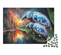 1000 pièces Puzzle Coccinelle Art Bleue, Carton recyclé, Extrêmement Stimulant, Scarabées Bleus sur Feuille, Jeu cérébral éducatif, Adultes dès12ans, 52x38cm