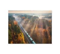 1000 Pièces Puzzle，Vue aérienne d’Un Train de Marchandises et d’Une forêt dans Le Brouillard au Lever de Soleil, Automne，Famille Puzzle Décompression Jouet pour Adultes-O15