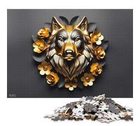 1000 Puzzles carrés créatifs en Bois représentant Un Loup doré et des Fleurs, pour Adultes. Puzzles en Bois Uniques et stimulants. 1000 pièces (75 x 50 cm).