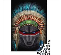 1000 Puzzles carrés créatifs représentant Un Chef de Guerre Indien et Un Loup, pour Adultes, Puzzles en Bois, Jeux de défi Uniques, 1000 pièces (75 x 50 cm)