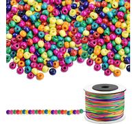 1000 X 8 Mm Coloured Wooden Beads With Cord Beads Multi-Coloured Sewing Natural Round Wooden Beads With Holes For Diy Jewellery Bracelets Crafts Children's Crafts