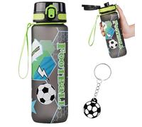 1000ml Bouteille d’Eau de Football avec Porte-Clés Thème Foot Gourde Étanche avec Paille Sans BPA et Porte-Clés Acrylique pour Enfants Adultes Fans Cadeau Anniversaire École Sport Journée du Football