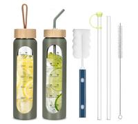 1000ml Bouteille D'eau en Verre avec 2 Couvercles en Bambou,Gourde en Verre Hermétique,Motivation Bouteille avec Marqueur de Temps et Protecteur en Silicone pour Sport/Camping/Voyage Sans BPA