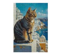 1000pcs(38x26cm) Puzzles pour Adultes Cat Overlooking Santorini Jeu De Puzzle Casse-tête pour Améliorer La Mémoire Cadeaux Uniques pour Un Anniversaire Et Noël 1000pcs(38x26cm)