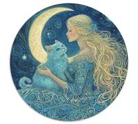 1000pcs (67.5x67.5cm) Puzzles pour Adolescents Adultes Femme Blonde, Chat Bleu Ciel Nocturne with Croissant Moon Stars and Cosmique Swirl