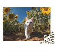 1000pcs (75x50cm) Puzzles pour Adolescents Adultes Chat Blanc Marchant sur Le Chemin dans Un Champ de tournesols