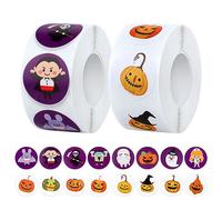 1000pcs Autocollants d'Halloween, 16 Couleurs et Motifs Rouleau d'Autocollants d'Halloween Autocollants Ronds d'Halloween Citrouille Autocollants d'Étiquettes Rondes pour Décorations de Fête