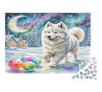 1000Pièces American Eskimo Dog pour Cadeaux Adultes, Samoyède dans Une Nuit Enneigée Jeu Éducatif Défi et Activité de Réflexion 38x26cm/1000pcs